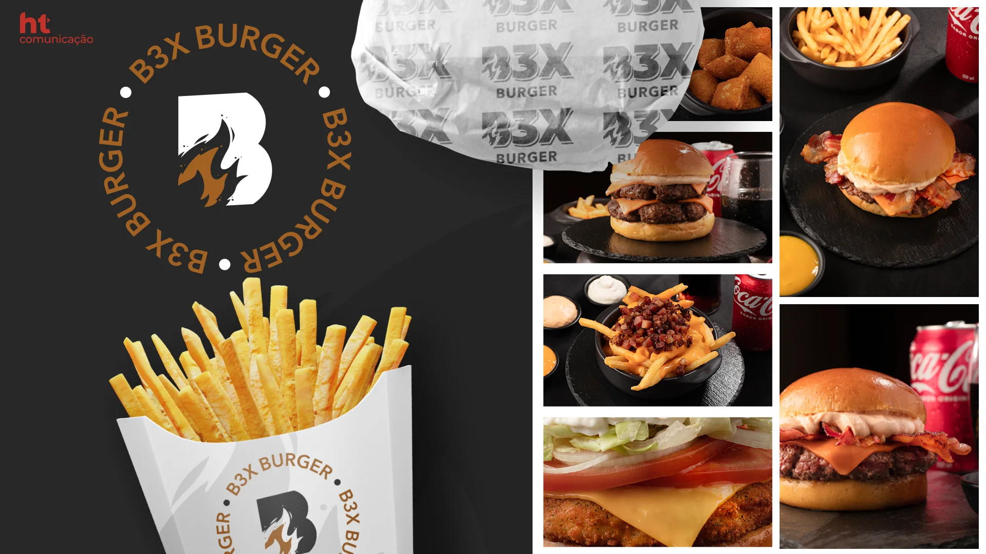 Aplicações do B3X Burger: papel de embrulho e caixa de batata com o selo da marca e fotos de hambúrgueres e acompanhamentos