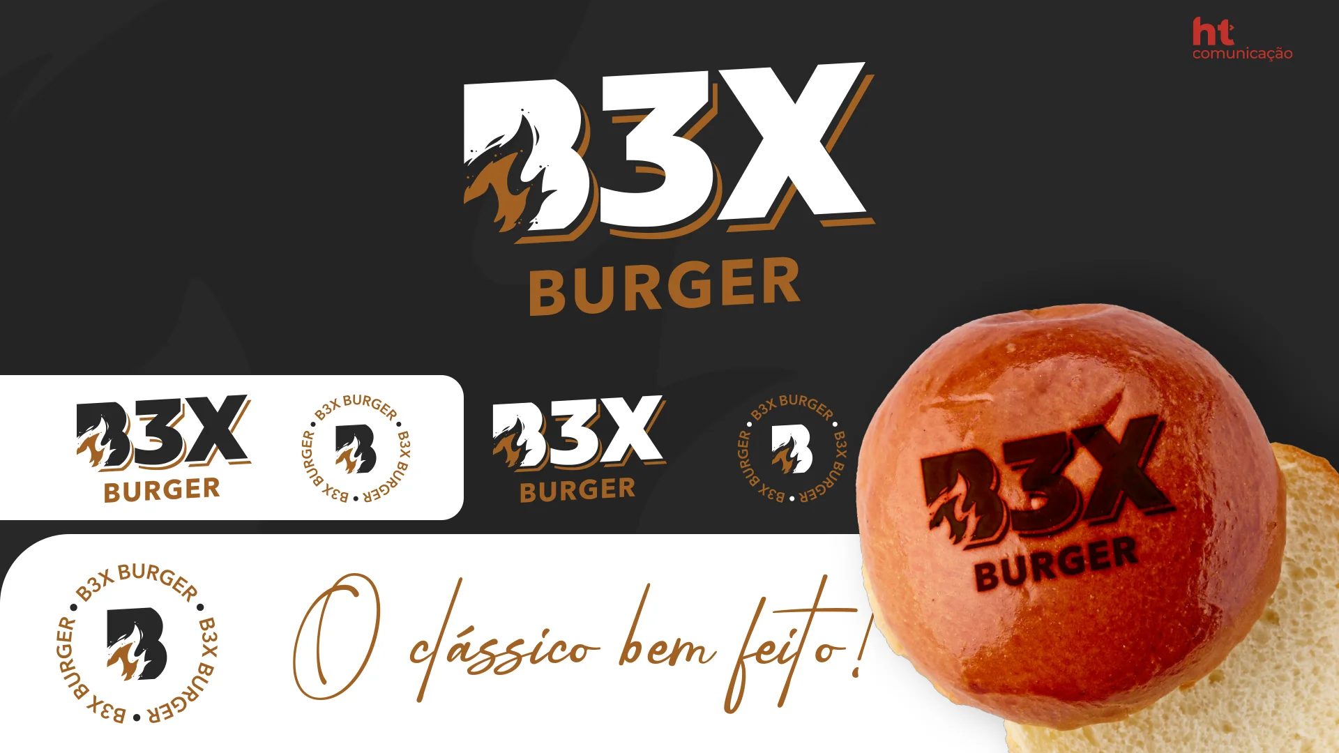 Logotipo do B3X Burger com o “B” em chamas, versões do selo circular, o slogan “O clássico bem feito” e o logo marcado no pão