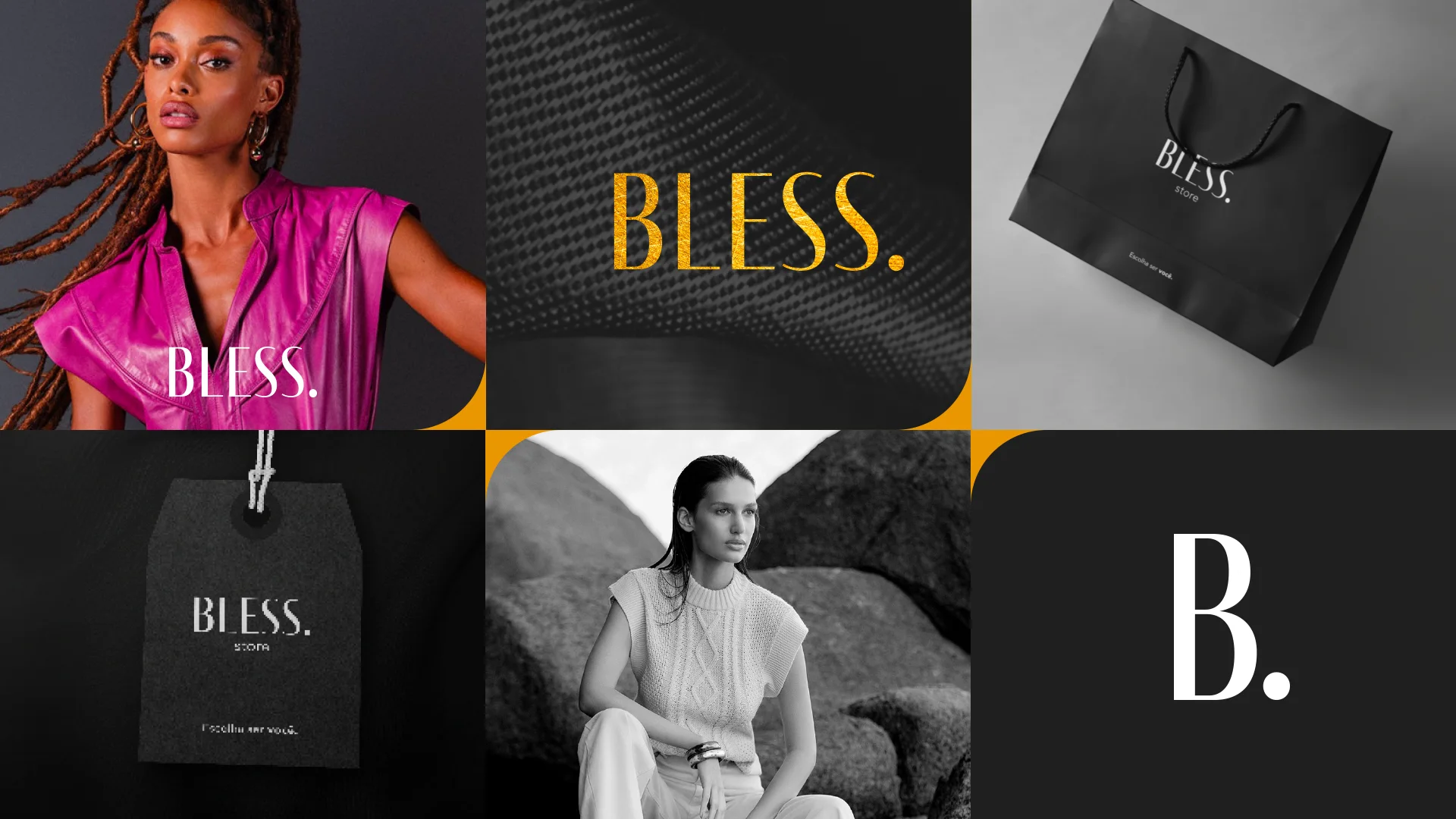 Aplicações da Bless: fotos de moda com o logotipo, sacola preta, etiqueta e o monograma “B.”
