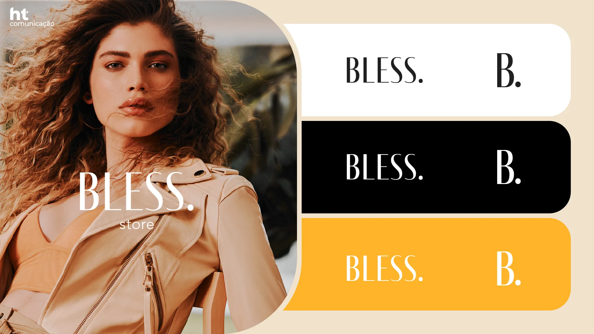 Logotipo da Bless Store sobre a foto de uma modelo de jaqueta de couro, com as versões do logotipo e do monograma “B.” em branco, preto e amarelo