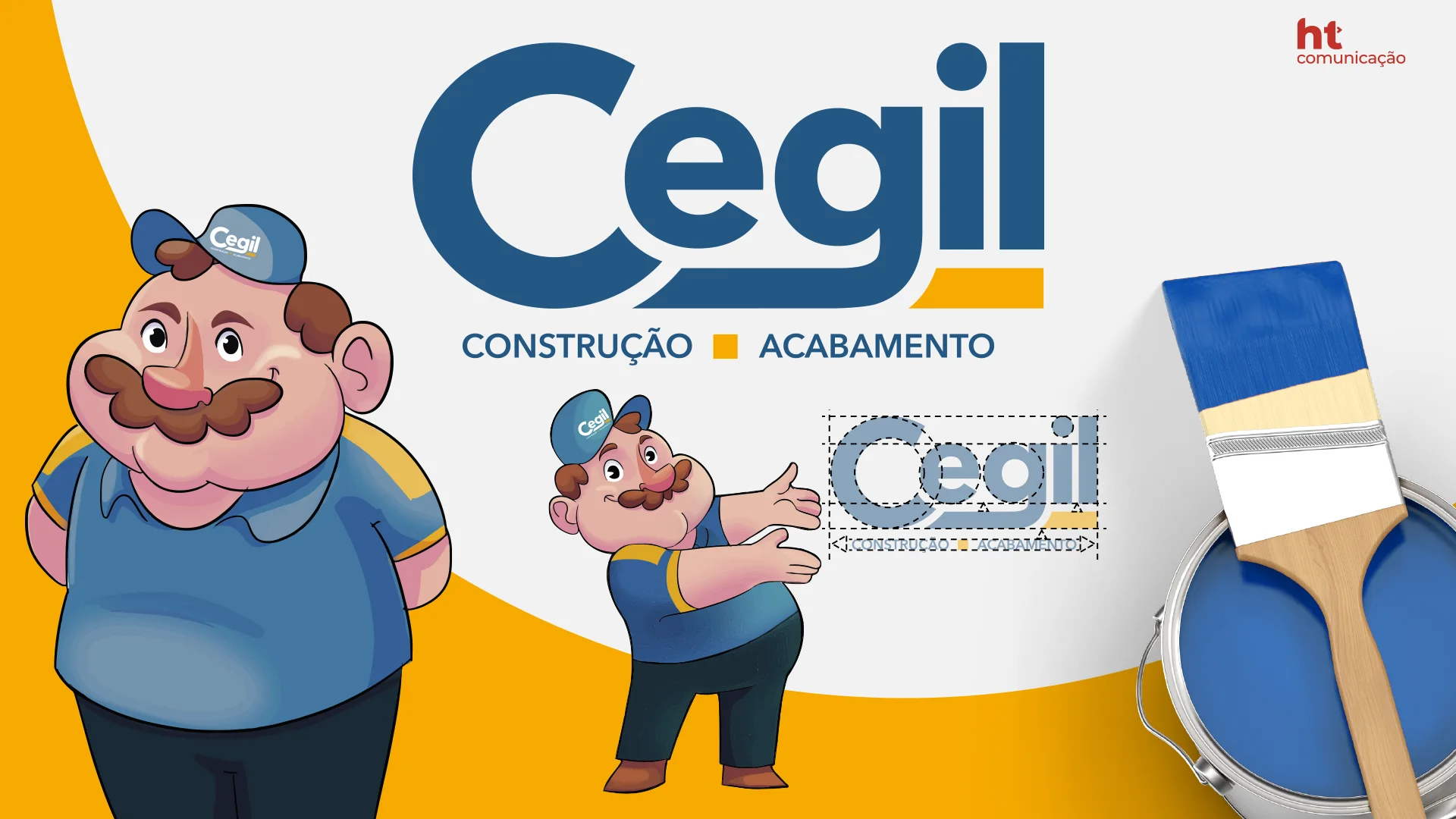 Mascote da Cegil, um senhor de bigode com boné e camisa da marca, apresentando o logotipo, com uma lata de tinta azul ao lado