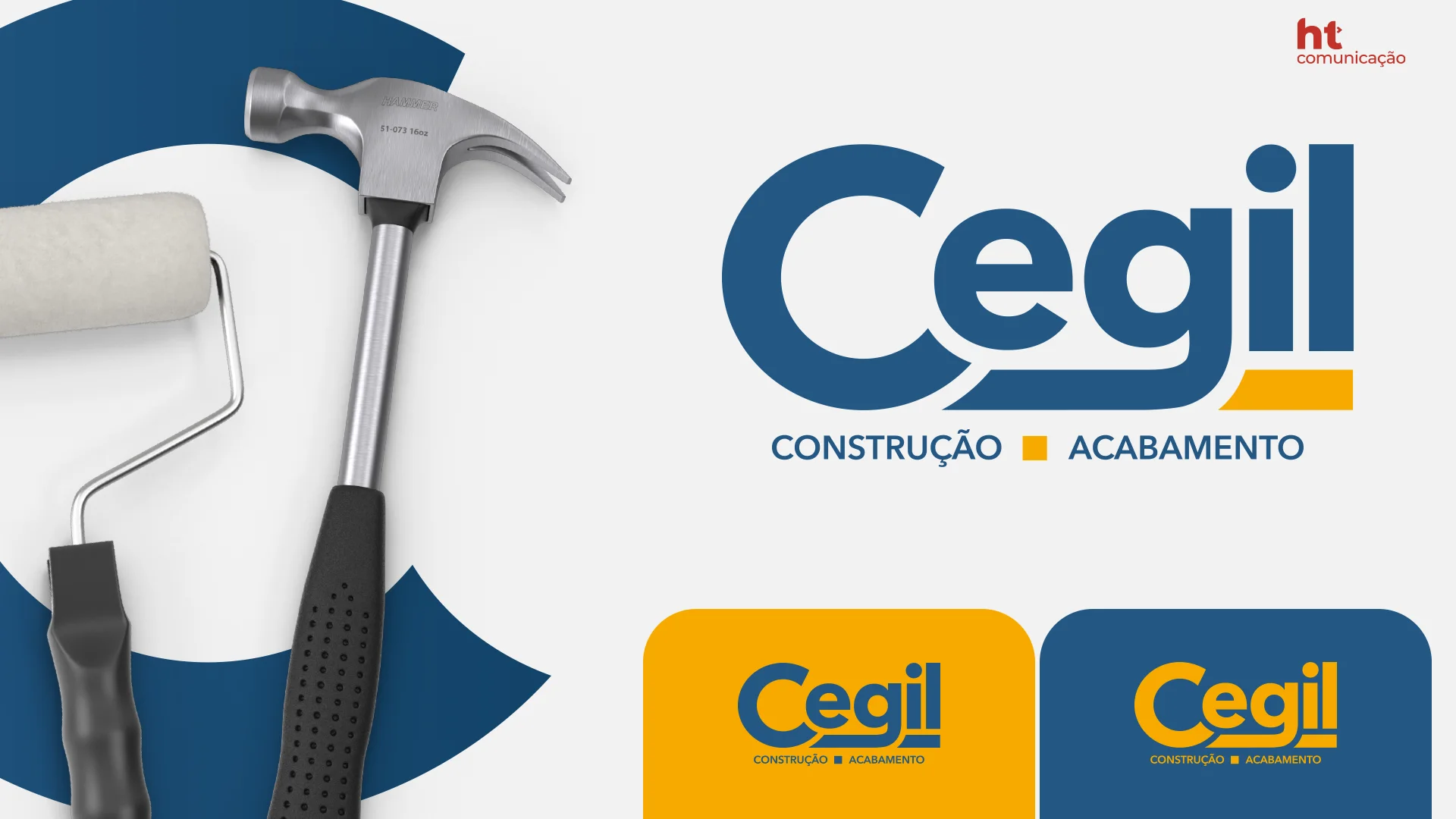 Logotipo da Cegil Construção e Acabamento em azul e amarelo, com versões sobre fundo amarelo e azul, ao lado de um rolo de pintura e um martelo