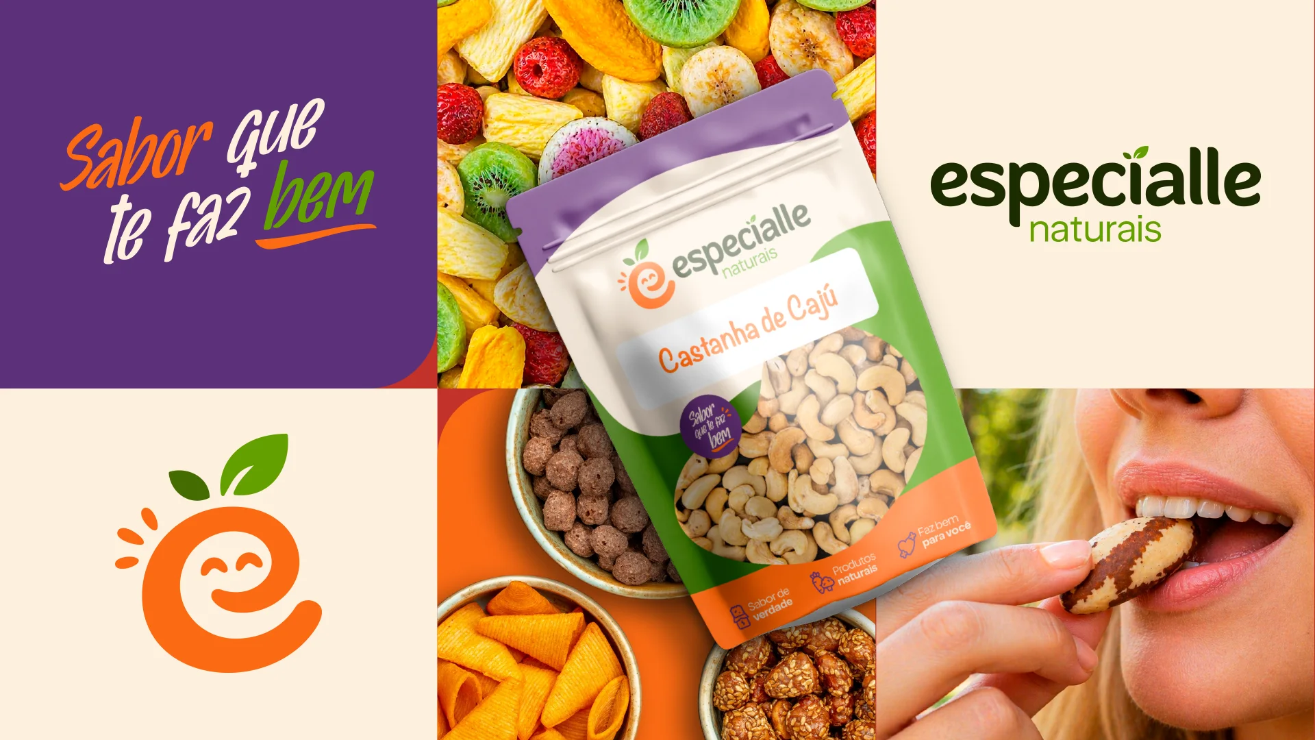 Aplicações da marca Especialle: embalagem stand-up de castanha de caju, símbolo, assinatura e fotos de produto