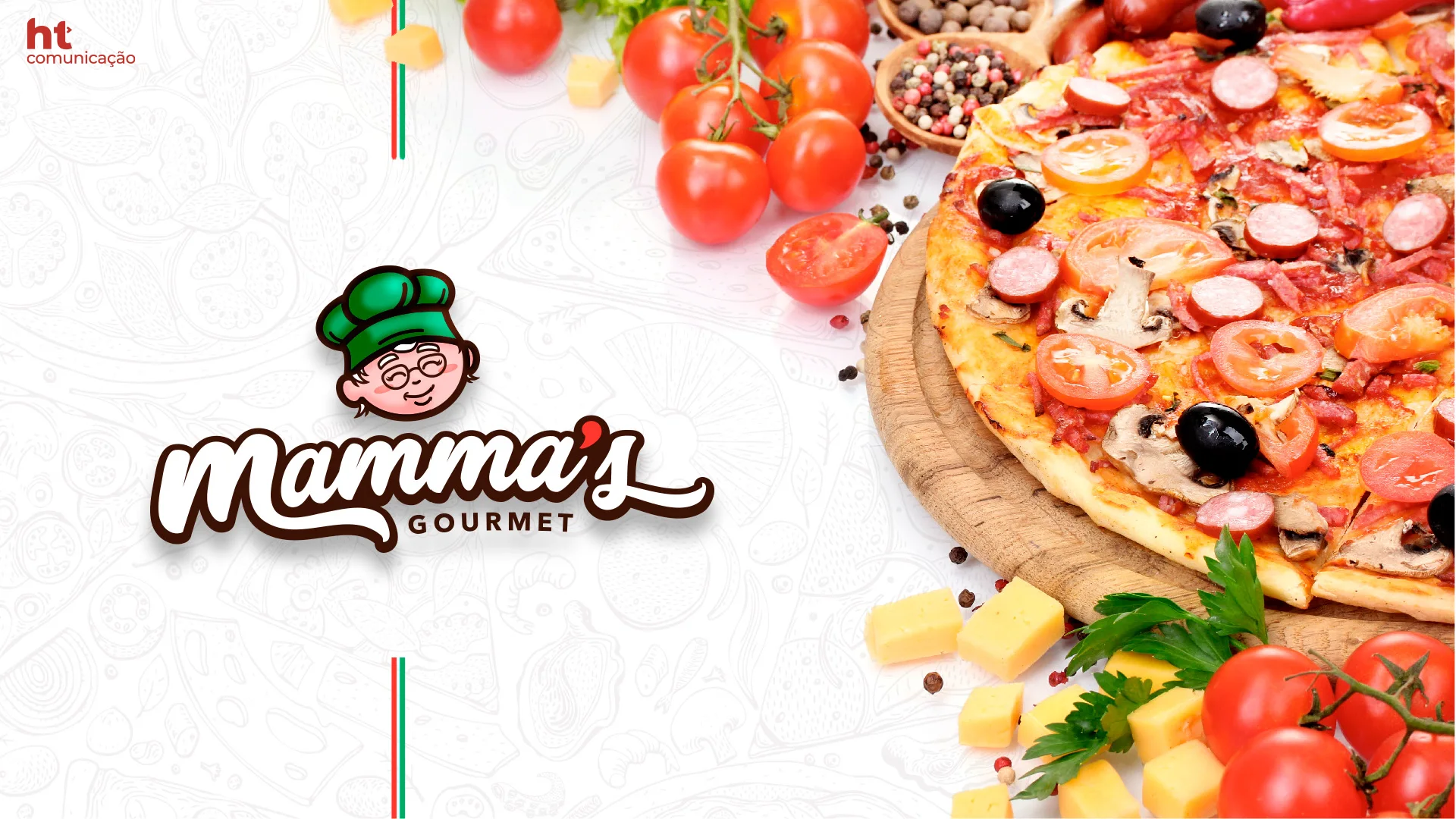 Logotipo do Mamma’s Gourmet ao lado de uma pizza, tomates e queijo