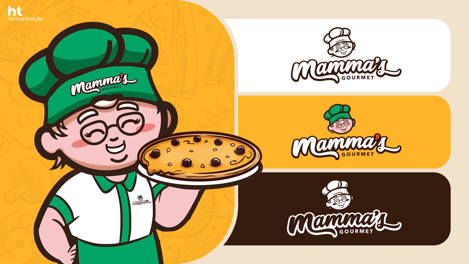 Mascote do Mamma’s Gourmet, uma senhora sorridente de óculos e chapéu de chef verde segurando uma pizza, e as versões do logotipo