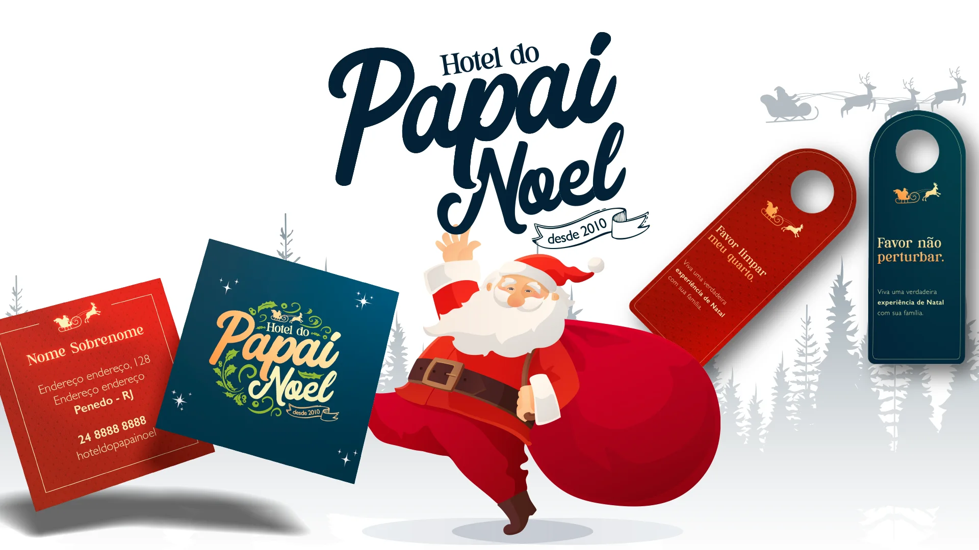 Aplicações do Hotel do Papai Noel: cartão de visita vermelho, cartão azul com o logotipo colorido e avisos de porta, ao redor de uma ilustração do Papai Noel