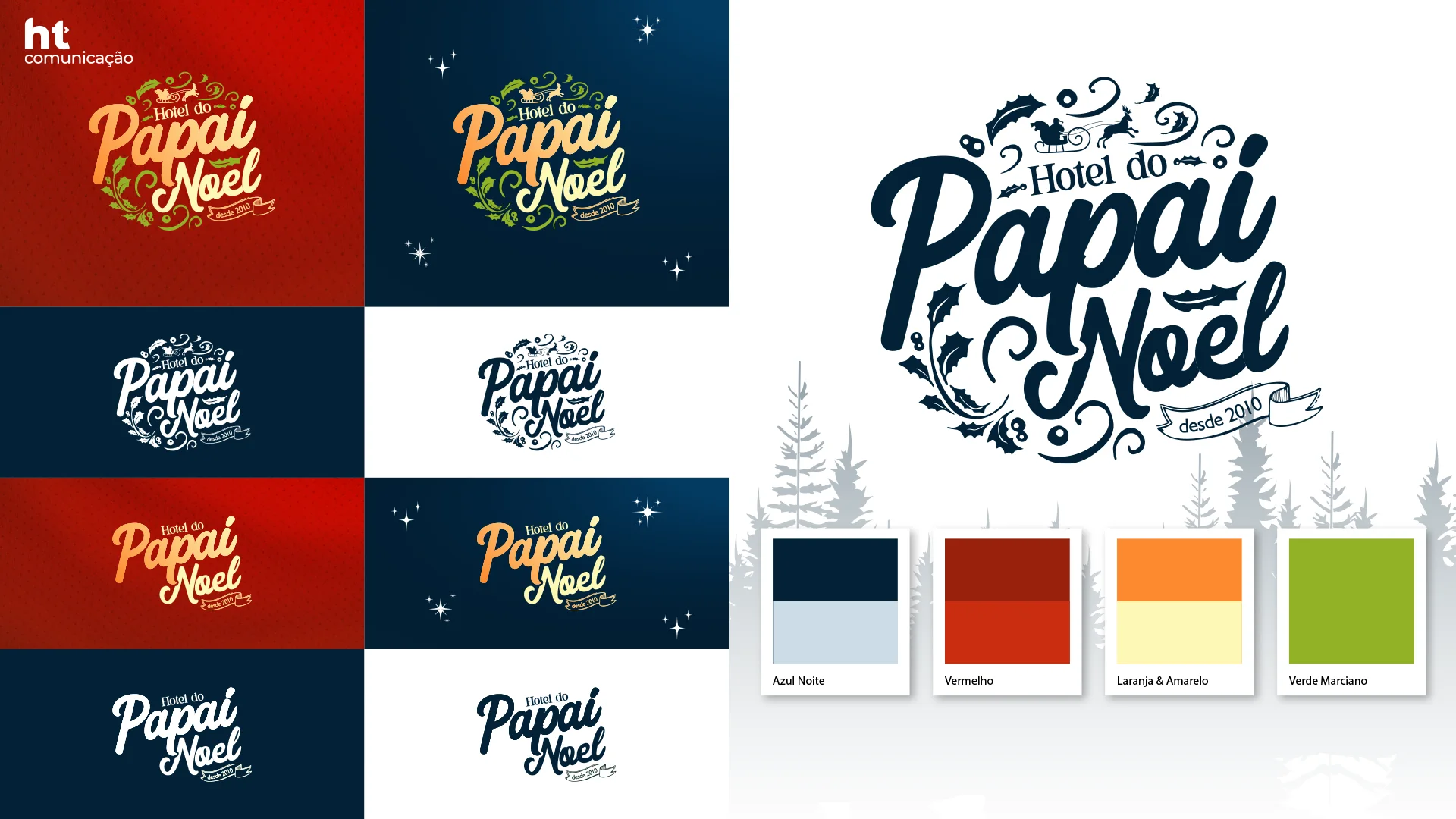 Versões do logotipo do Hotel do Papai Noel sobre fundos vermelho, azul noite e branco, com a paleta de cores Azul Noite, Vermelho, Laranja e Amarelo e Verde Marciano