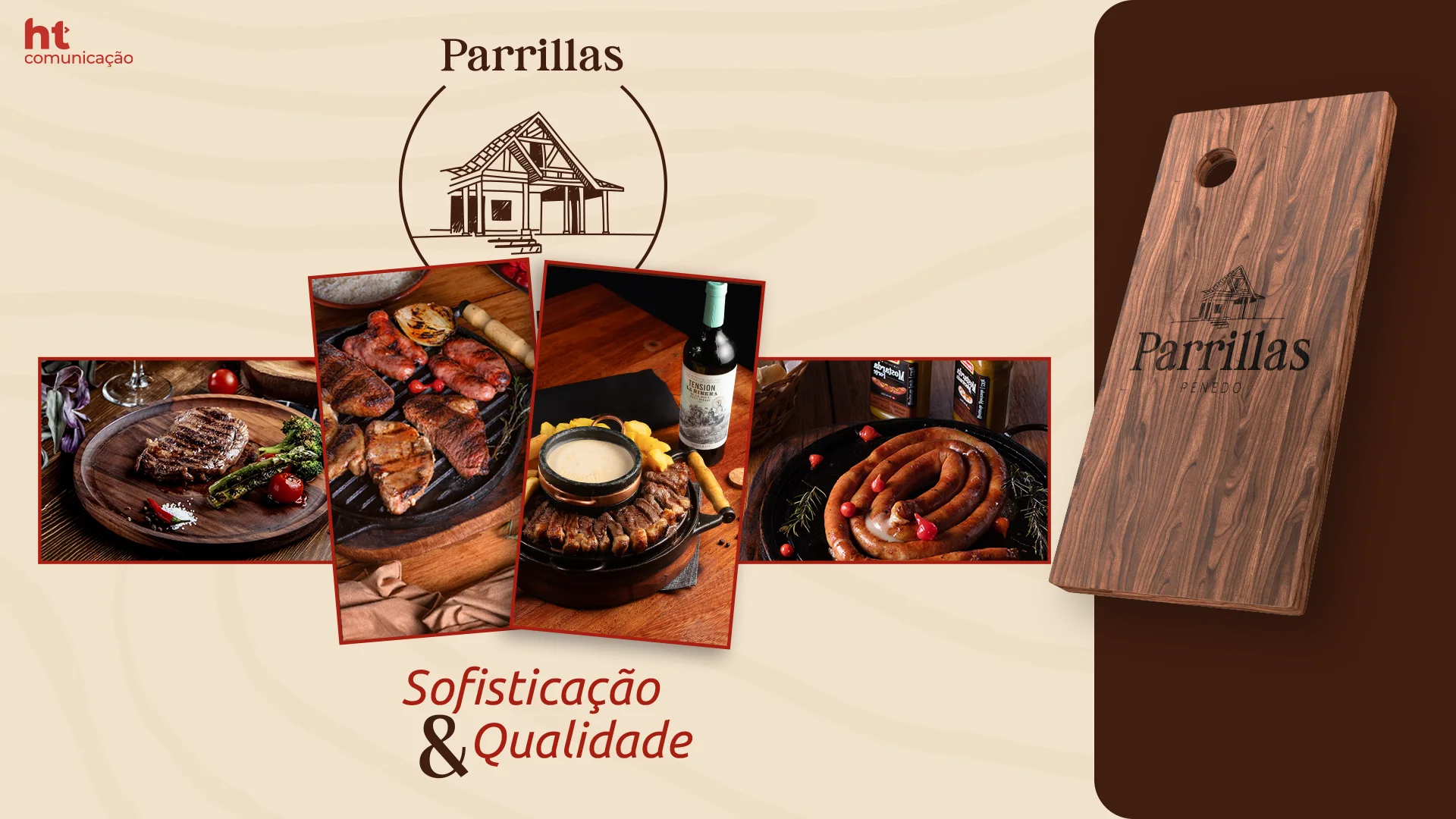 Aplicações do Parrillas Penedo: fotos de carnes e pratos, a assinatura “Sofisticação & Qualidade” e a marca gravada numa tábua de madeira