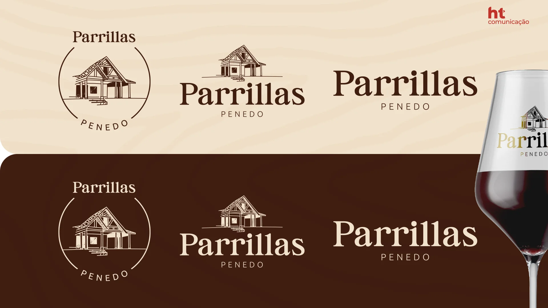 Versões do logotipo do Parrillas Penedo, com o desenho da fachada do restaurante, sobre fundo bege e marrom, e a marca aplicada numa taça de vinho