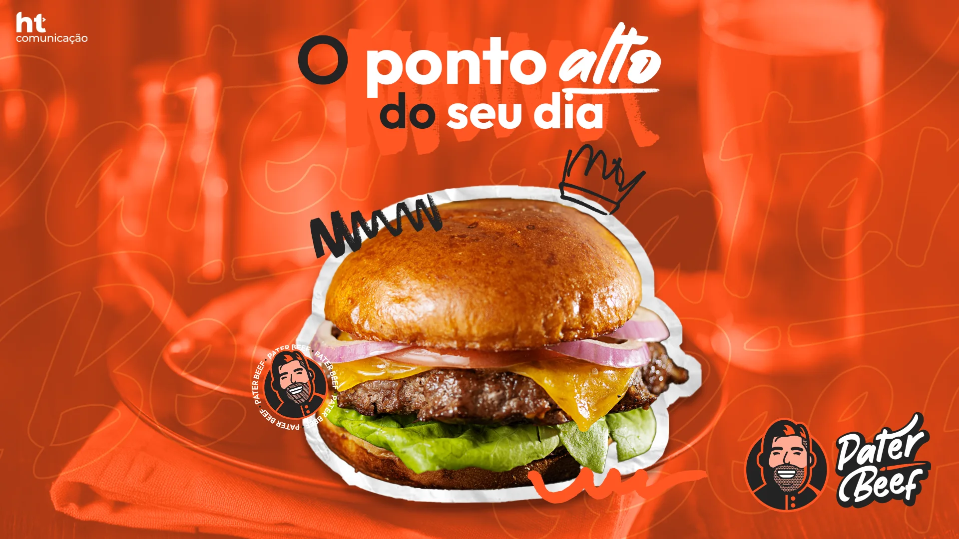Peça da campanha “O ponto alto do seu dia”, com um hambúrguer em destaque sobre fundo laranja e o selo da Pater Beef