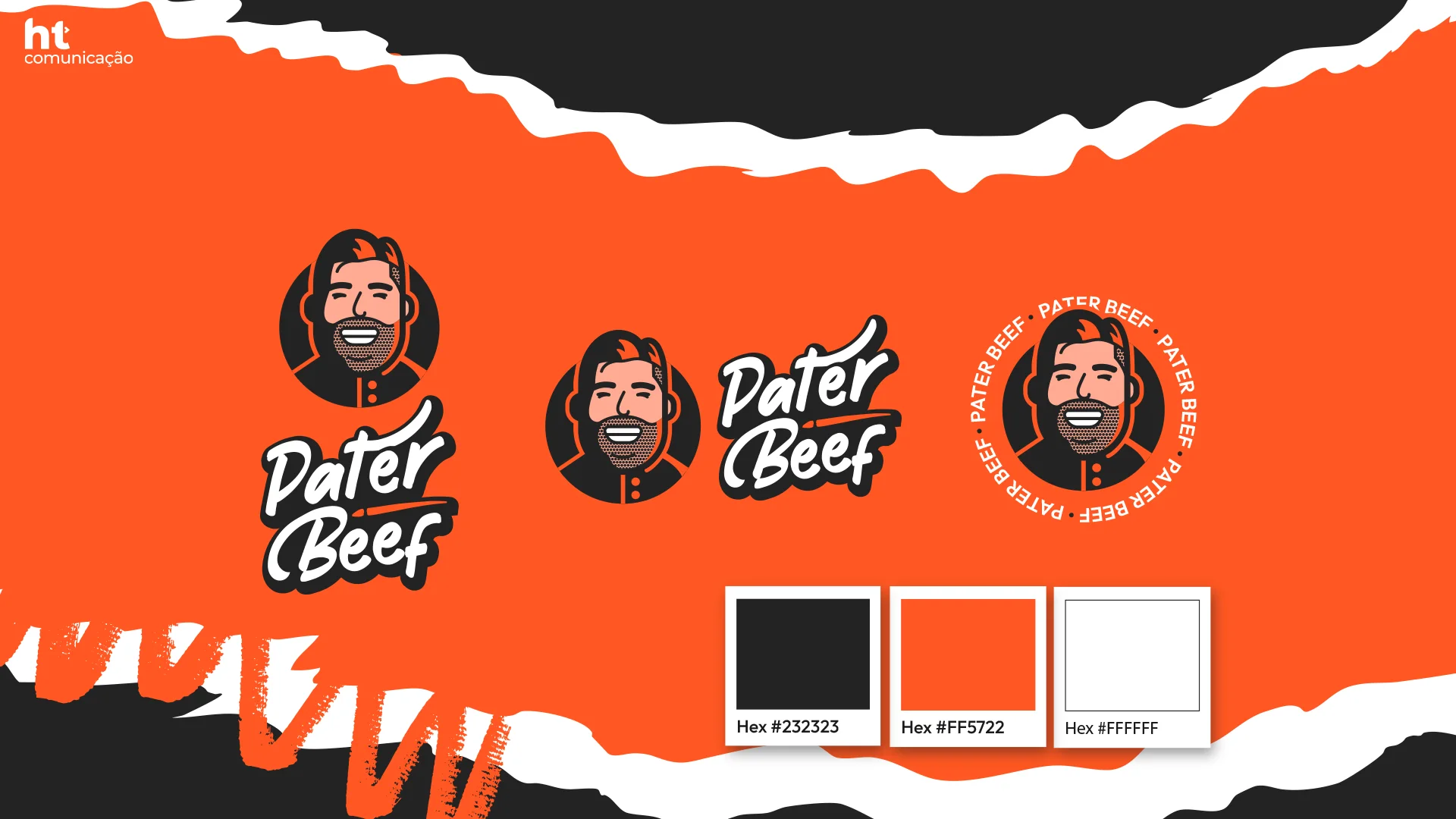 Versões do logotipo da Pater Beef com a ilustração do rosto do dono sorrindo, o selo circular e a paleta preto, laranja e branco