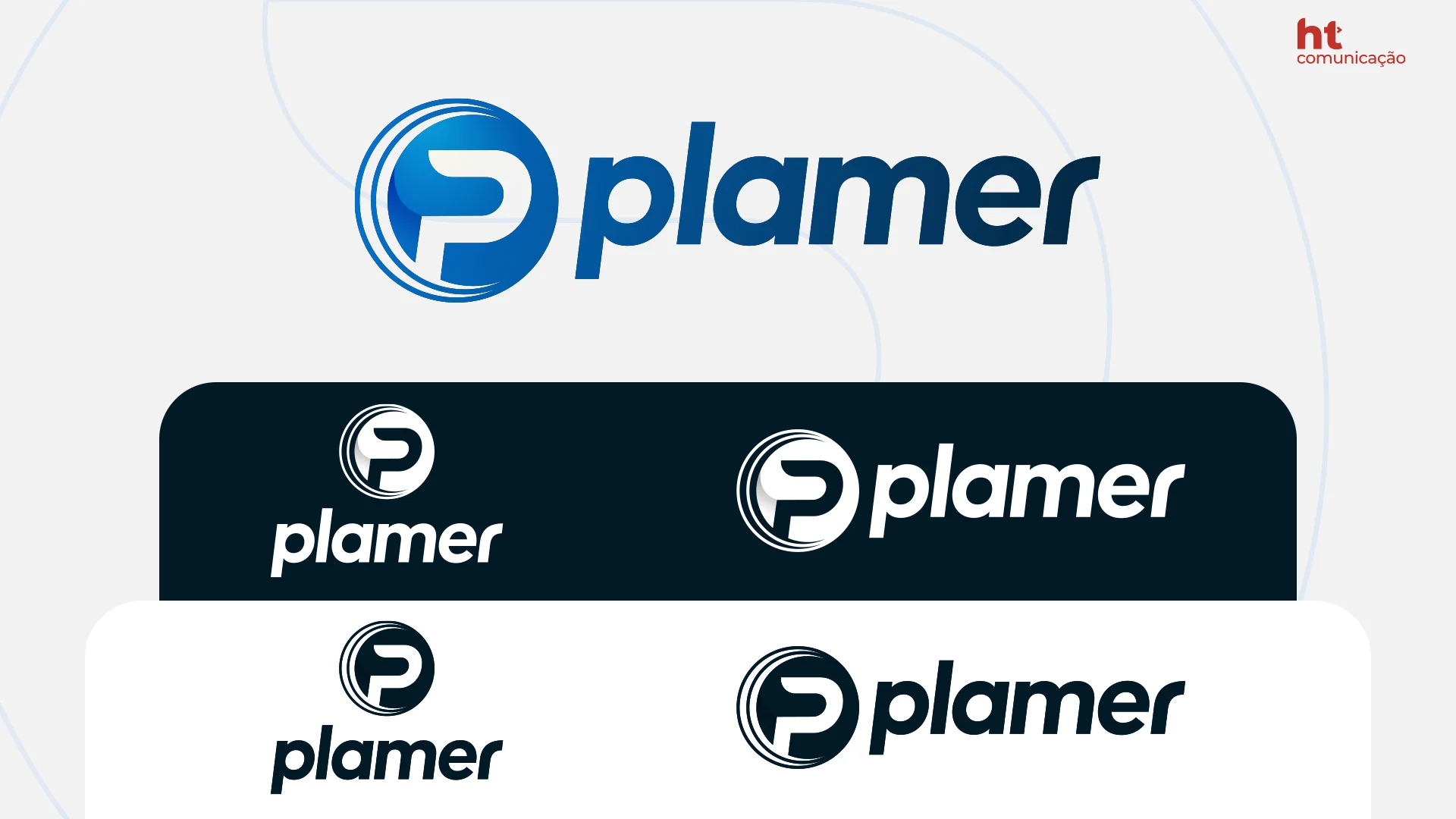 Logotipo da Plamer com o símbolo da letra “P” envolvida por linhas circulares, em azul, e versões sobre fundo escuro e claro