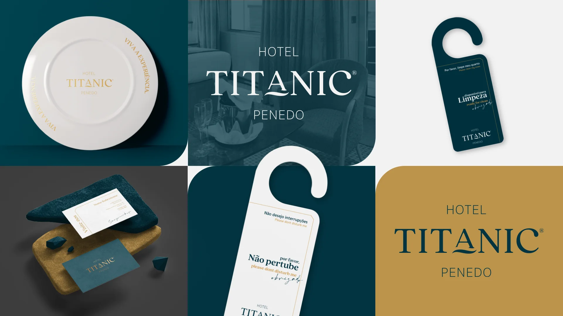 Aplicações do Hotel Titanic: prato com a marca, avisos de porta, cartões de visita e o logotipo sobre a foto de um quarto