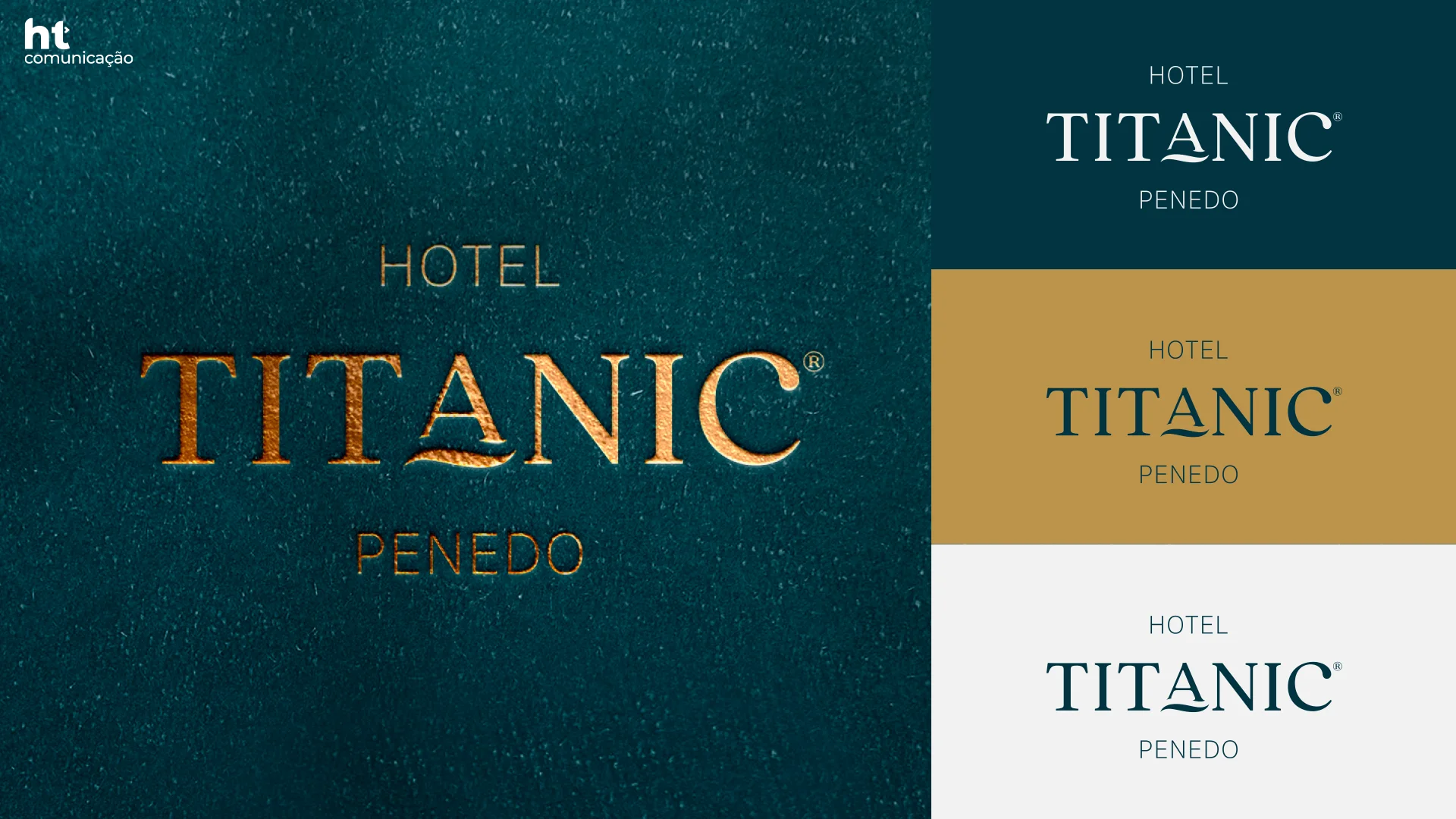 Logotipo do Hotel Titanic Penedo gravado em dourado sobre papel azul petróleo, com versões sobre fundo azul, dourado e claro